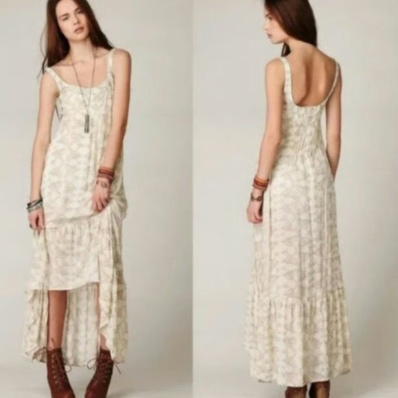Vintage Free People Love Birds Print Slip Maxi Dress High Low Boho Cream Ruffle - Picture 1 of 2